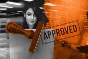 An "approved" stamp over a layered image of a student at a computer and an instructor in front of a whiteboard of code.