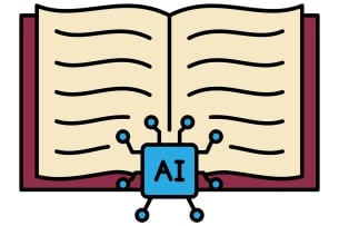 An illustration of an open book, with a chat-bot icon that says "AI."