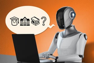 An AI robot chats about attending college through emoji on a laptop.