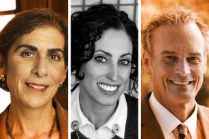 A triptych of three headshots, from left to right, of Amy Wax, Maura Finkelstein and Joe Gow.