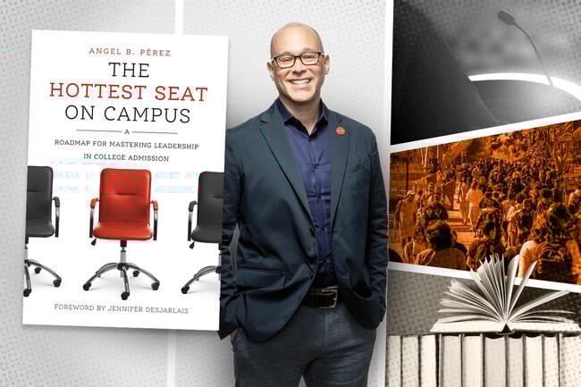 Cover of The Hottest Seat on Campus, next to an image of the author Angel B. Pérez next to a collection of a speaker at a podium, a crowded campus and a bunch of books.
