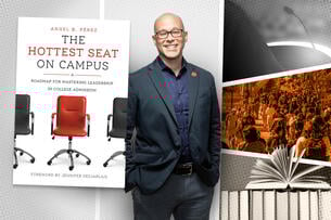 Cover of The Hottest Seat on Campus, next to an image of the author Angel B. Pérez next to a collection of a speaker at a podium, a crowded campus and a bunch of books.