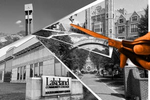 An illustration of several college campus photos being cut apart. 