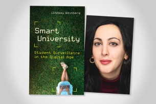 An illustration showing the book cover of Smart University and a headshot of Lindsay Weinberg