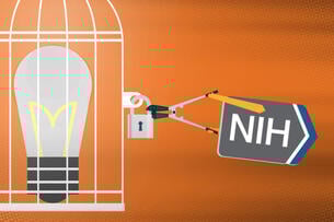 The National Institutes of Health logo cutting away the lock of a cage with a light bulb inside.