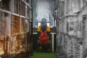 student surrounded by hurricanes and wildfires