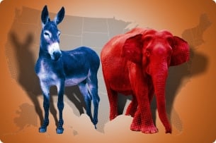Photo illustration: map, blue donkey, red elephant