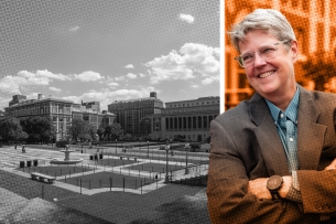 A photo illustration consisting of a photograph of Katherine Franke next to an image of Columbia University's campus.