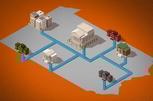 A group of schools connected by a blue line within an outline of the state of Pennsylvania.