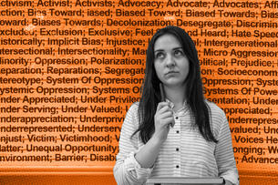 Photo illustration: A list of flagged words behind an image of a thinking grad student