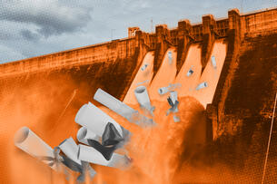 College diplomas fall out of a dam spillway.