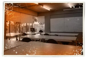 A distressed image of a college classroom.
