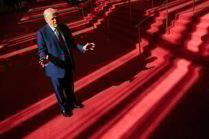 President Donald Trump gestures in the Grand Foyer of the John F. Kennedy Center for the Performing Arts.