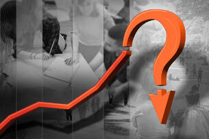 A line chart going up with the line becoming a question mark.