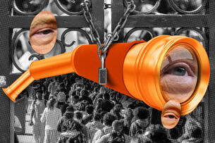 A telescope with President Donald Trump's eye over a campus of students.