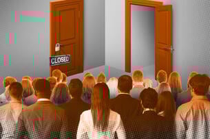 A group of faculty standing in front of two doors, one closed and one open.