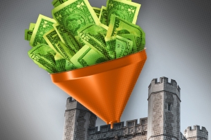 A photo illustration of dollars going into a funnel that's going behind the parapet of a campus building.