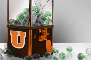 Illustration: A toy machine filled with "$" has been broken and some of the toys have fallen out of the damaged glass.