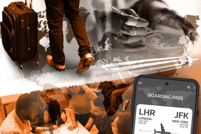 A collage of images showing students working in a group, scientific research and world travel.