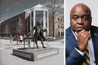 An image of the George Mason University campus next to a portrait of university president Gregory N. Washington.