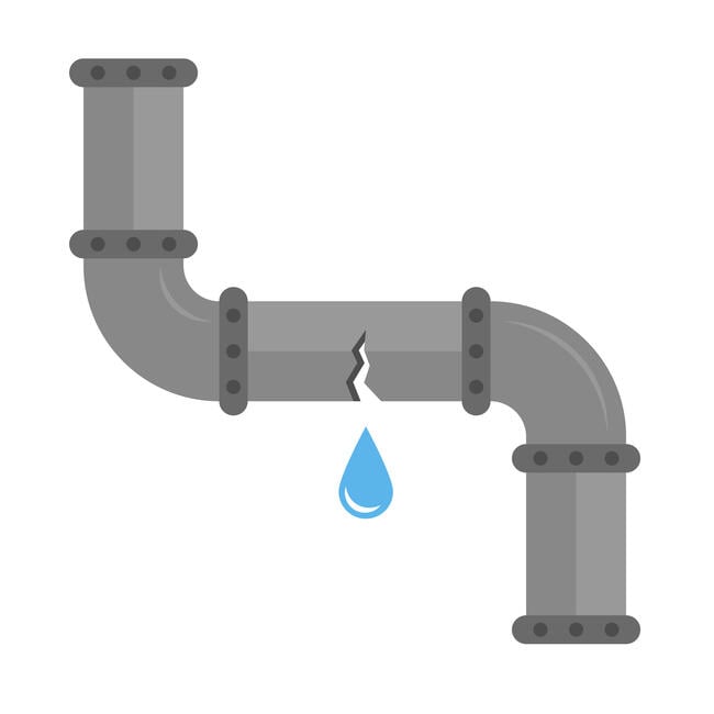 An illustration of a pipeline with a drop of water leaking from a crack in the middle.