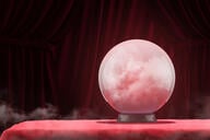 A photo of a glowing crystal ball against a red background.