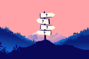 An illustration of a multidirectional road sign with four signs, each with a question mark, pointing in different directions, against a pink sunset or sunrise background and mountains.