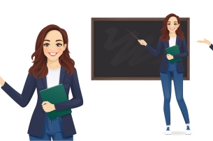 An illustration of a female instructor in three different teaching positions.