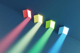 An illustration of four open doors, each of different colors, signifying choice.