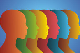 A series of six human heads, in different colors--orange, green, yellow, red, blue and gold--in profile.