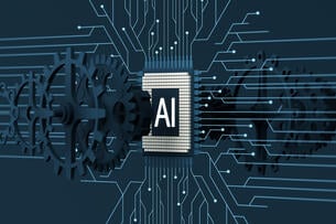 An illustration of a processing chip stamped with the initialism AI.