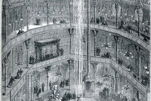 A drawing illustrating the concept of the panopticon, a design concept for prisons featuring a central watchtower from which guards can see into all the cells, but the prisoners can't see if they are being watched.