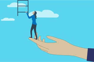 A drawing of a woman standing at the tips of a person's outstretched hand as she prepares to ascend a ladder into the sky. 
