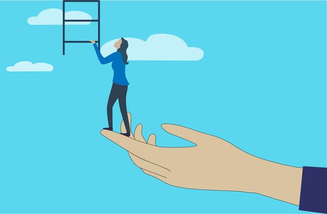 A drawing of a woman standing at the tips of a person's outstretched hand as she prepares to ascend a ladder into the sky. 