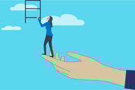 A drawing of a woman standing at the tips of a person's outstretched hand as she prepares to ascend a ladder into the sky. 