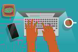 An illustration of a person's hands on a laptop, typing; next to the laptop are a cup of coffee, a smartphone and a cactus.