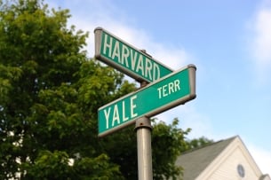 Intersecting street signs say "Harvard" and "Yale."