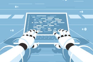 An illustration of two robotic hands typing on a keyboard.