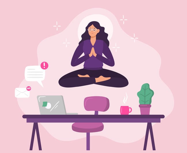 An illustration of a female employee levitating in a yoga pose above a desk. A laptop is open on the desk, with two icons signifying incoming emails or messages.