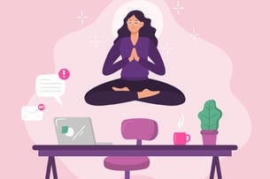 An illustration of a female employee levitating in a yoga pose above a desk. A laptop is open on the desk, with two icons signifying incoming emails or messages.