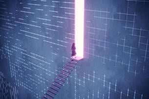 A drawing of a woman standing at the top of a staircase, about to walk through a portal into the light.