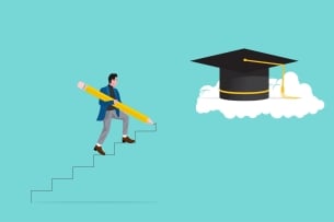 An illustration of a person walking up toward a graduation cap, placed on a cloud, drawing the steps as he goes with a No. 2 pencil.