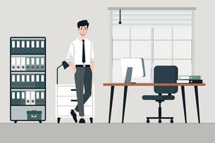 An illustration of a man standing confidently in an office, complete with a desk, chair and a computer, a wall calendar, a lamp and a set of cabinets.