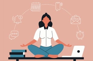 An illustration of a woman meditating at a desk, with a stack of books on one side of her and a laptop on the other; above her are icons suggesting digital disruptions, including emails, notifications and calendar alerts.