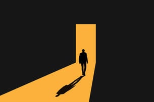 An illustration of a man, in silhouette, walking away through a door; yellow light illuminates the doorway and the path to it, while everything surrounding is black.