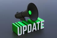 An illustration of a megaphone sitting atop the word "UPDATE," written in 3-D lettering.