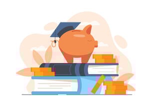Piggy bank with graduation hat and stack of books in an artistic depiction