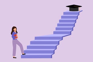 An illustration of a female student standing at the bottom of a set of purple stairs, at the top of which sits a graduation cap.