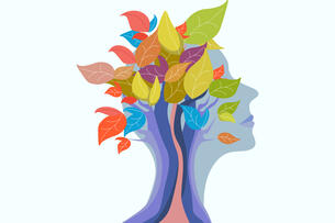An illustration, depicting the concept of a growth mindset, of a human head with a tree sprouting from it, a tree with many multi-colored leaves.