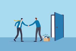 An illustration of a departing employee, a box full of personal belongings at his feet, shaking hands with a boss upon departure, while standing in front of an open door.
